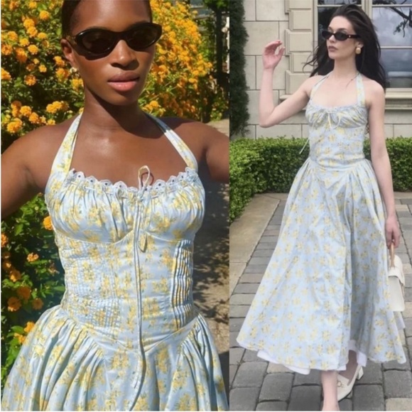 House of CB Adabella Floral Pleated Halter Sundress in Light Blue‎ NWOT size XS - Picture 1 of 9